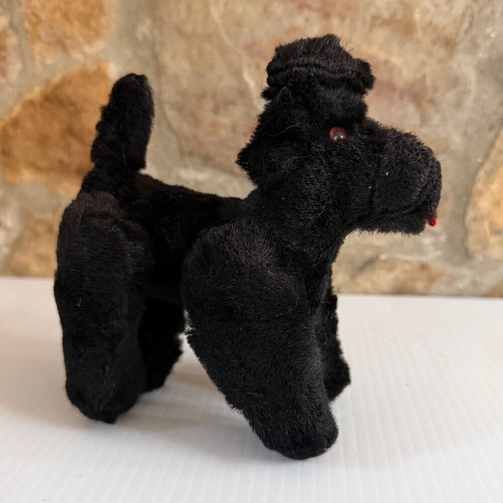 Vtg 60s Black Poodle Plush Limb Jointed Mid Century Stuffed Dog Glass Eyes